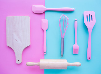 Top view of cooking, bakery utensils, tools.