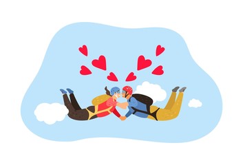 Free fall. Skydiving hobby, couple falling in love metaphor. Man and woman kiss in flying vector illustration