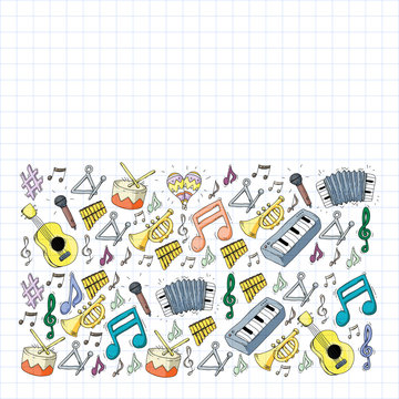 Music background for patterns. Vector illustration with musical instruments.