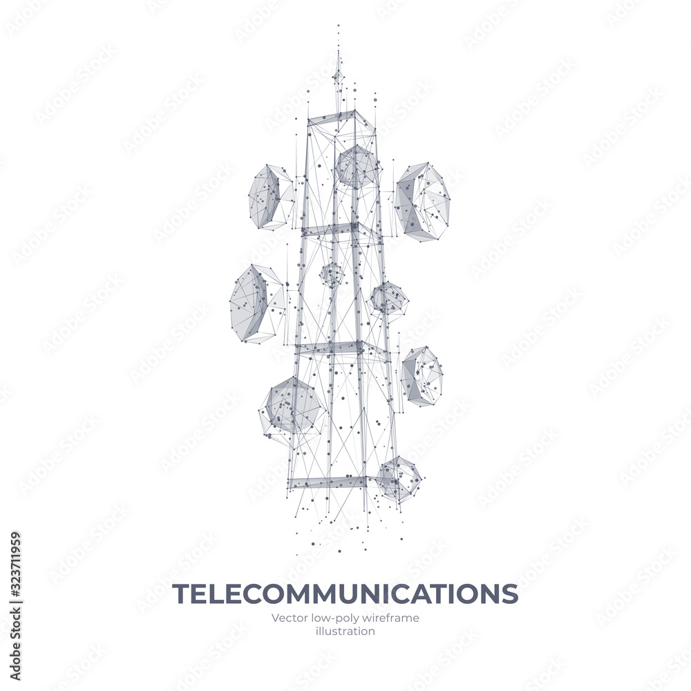 Poster abstract 3d isolated telecommunication antenna on white innovation technology background. low poly w