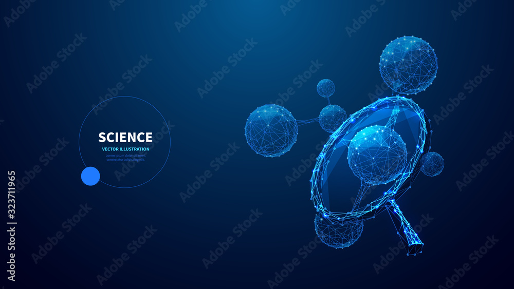 Leinwandbilder science low poly wireframe banner vector template. biochemistry, microbiology, medical research lab 