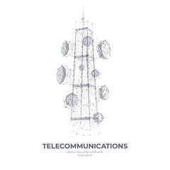 Abstract 3d isolated telecommunication antenna on white innovation technology background. Low poly wireframe digital graphic stock vector illustration.Polygons, lines, particles, and connected dots.