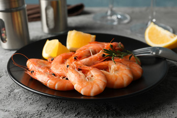 Composition with delicious shrimps on grey background, close up