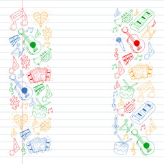 Music background for patterns. Vector illustration with musical instruments.