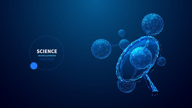Science low poly wireframe banner vector template. Biochemistry, microbiology, medical research lab poster polygonal design with text space. Molecule structure 3d mesh art with connected dots