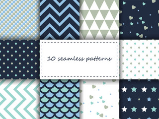 10 beautiful seamless geometric patterns. Dark blue and turquoise.
