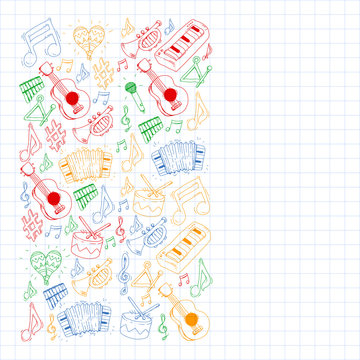 Music background for patterns. Vector illustration with musical instruments.