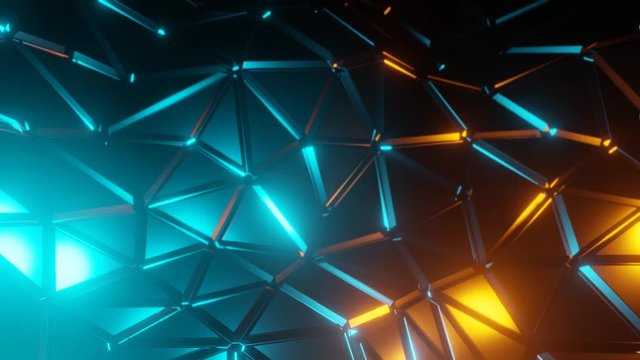 Abstract polygon metallic pattern blue yellow light wave motion 3D technology futuristic background illustration.