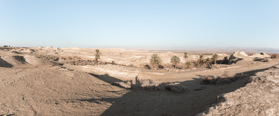 View of the  Judean desert from the caves of the hermits located next to the monastery of Gerasim Jordanian - Deir Hijleh - in the Judean desert near the city of Jericho in Israel