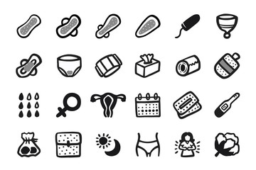 Hand drawn icon. Sanitary napkin, menstruation, women icon set