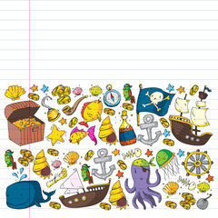 Ocean and sea for children. Pattern for boys. Pirate party. Cute fishes, animals, treasures. Kids vacation pattern, beach toys and elements.