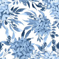 Watercolor lilac flowers and foliage in monochrome blue. Seamless floral pattern