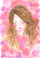 ピンクの花に囲まれた幸せな女の子