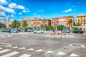 Street with road and typical architecture of the old center of Cagliari