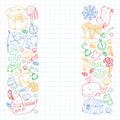 Ocean and sea for children. Pattern for boys. Pirate party. Cute fishes, animals, treasures. Kids vacation pattern, beach toys and elements.