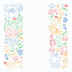 Ocean and sea for children. Pattern for boys. Pirate party. Cute fishes, animals, treasures. Kids vacation pattern, beach toys and elements.