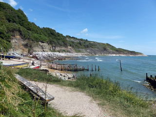 Reeth Bay, a small curved bay on the southernmost tip of the Isle of Wight, England.