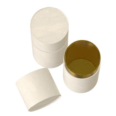 Kraft paper cardboard tube package with gold part mock up. 3d render isolated on white background.