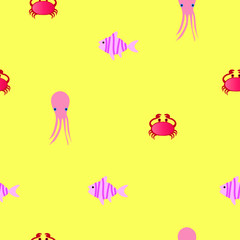 Marine nautical seamless pattern with crab, calmar and fish Summer pattern for textile, fabric, wrapping, wallpaper, kids fashion design