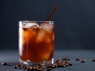 Black Russian cocktail with vodka, coffee and ice