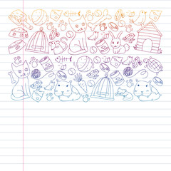 Pet shop. Vector illustration with animals, dog, cat, fish, Colorful background with kitten, bird, puppy. Veterinarian clinic.