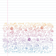 Pet shop. Vector illustration with animals, dog, cat, fish, Colorful background with kitten, bird, puppy. Veterinarian clinic.