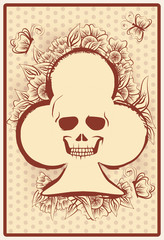 Casino clubs poker card with skull and flowers, vector illustration