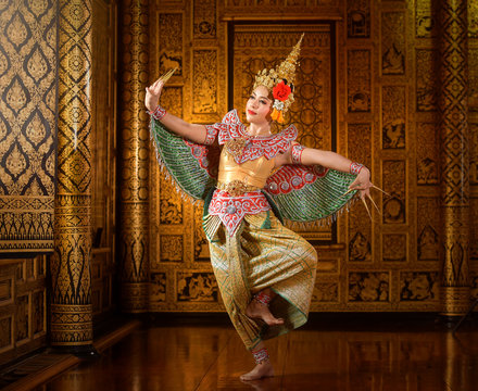 Art culture Thailand Dancing in masked khon Kinnaree in literature amayana,thailand culture Khon,Thailand .