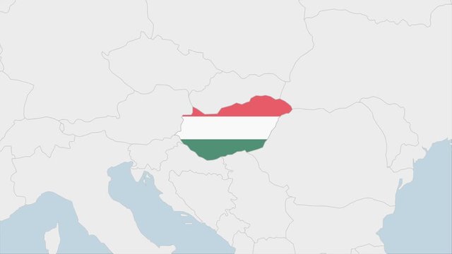 Hungary map highlighted in Hungary flag colors and pin of country capital Budapest.