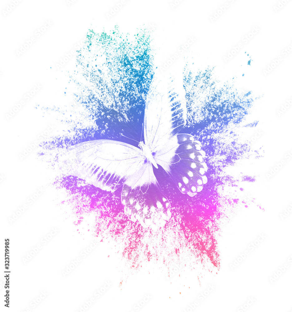 Poster color paint splashes with butterfly isolated on a white background. print for the designer