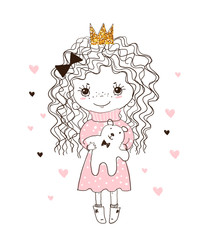 Cute little girl hugs teddy bear Doodle illustration for a girl, nursery, birthday, baby shower. Cute poster for kids. Vector illustration isolated on white