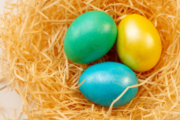 Fototapeta na wymiar colored eggs for easter in a nest of wood chips, close up