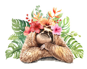 Watercolor sloth with flower tropical drawing, Hello summer, Sloth animal, Baby shower,  clipping path isolated on white background. © SapG Art