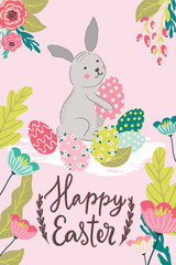 Happy Easter greeting card design with cute hand drawn illustration of bunny rabbit and easter eggs. Egg hunt and party invitation template, poster, banner,design in scandinavian style, spring flowers