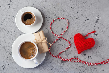 The concept of the March 8 women's day. Top view of two cups of coffee in the shape of the number 8