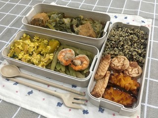 Boiled pickle and Pumpkin with Egg and Stir Fried Lotus Stir Fried Shrimp and sausage and quinoa