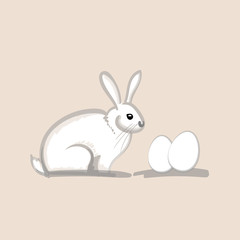 Cute white easter bunny with two white eggs on beige background