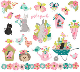 Set of cute spring animals and garden tools,  bunny rabbit,cat, flowers, chicken, birds and floralsHand drawn scandinavian style clipart collection.