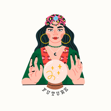 Beauty Fortune teller. Gypsy oracle. Mystic lady. Cartoon style woman with a magic crystal ball. Hand drawn vector trendy illustration. Future teller. Cartoon style. Isolated on a white background