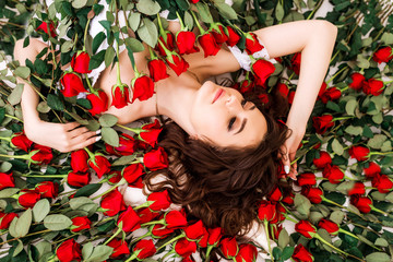 Obraz na płótnie Canvas Close-up portrait of a beautiful brunette woman in roses. The girl lies surrounded by red roses. Professional make-up. The concept of a beauty salon and perfume
