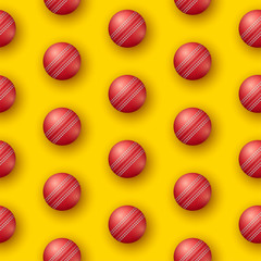 Cricket sport seamless pattern. Red Cricket balls on yellow background. Endless texture can be used for wrapper, cover, package, pattern fills, surface textures.