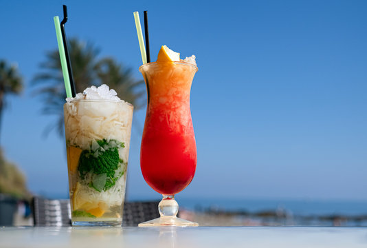 Mojito And San Francisco Cocktail On A Table In A Bar On The Beach.