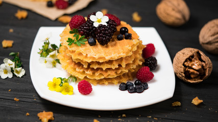 Fresh viennese waffles with berries on blank background