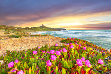 Dramatic  view of  Capo San Marco Lighthouse on Del Sinis peninsula.