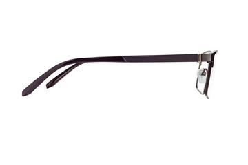 The side view of a classic black plastic eyeglasses isolated on a white background