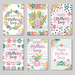 Set of Mothers day greeting cards. Collection of textured delicate Happy Mother's day greeting cards with flowers and wreaths. Banner, poster, invitation templates with lovely spring flowers