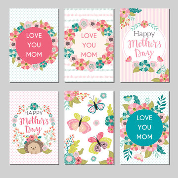 Set of Mothers day greeting cards. Collection of delicate Happy Mother's day greeting cards with flowers and wreaths. Banner, poster, invitation greeting card templates with lovely spring flowers