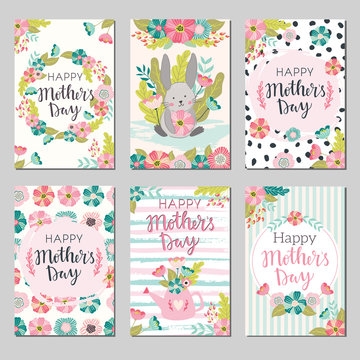 Set of Mothers day greeting cards. Collection of textured delicate Happy Mother's day greeting cards with flowers and wreaths. Banner, poster, invitation templates with lovely spring flowers