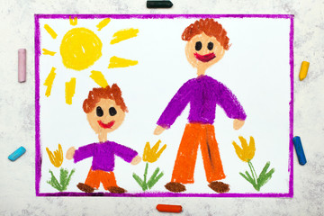 Obraz na płótnie Canvas Photo of colorful drawing: Father and son or older and younger brother. Boys wearing the same clothes
