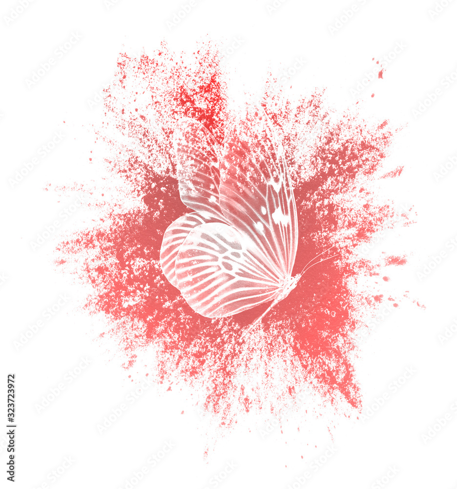 Poster color paint splashes with butterfly isolated on a white background. print for the designer
